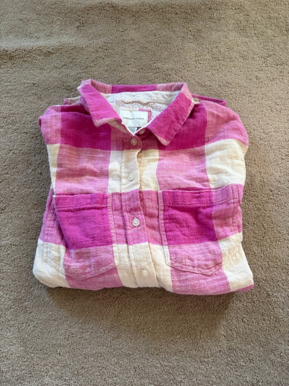 American Eagle Outfitters Pink & Cream Plaid Button-Down Shirt